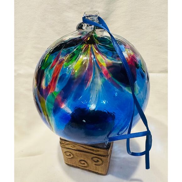 Glass Art Studio Hand Blown  Blue, Yellow, Purple, Green Ornament Size 7”x7” - Picture 1 of 10